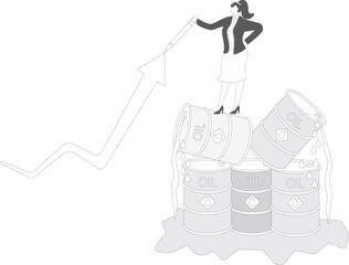 Oil price rising up with businesswoman standing on a pile of oil barrels drawing rising graph, crude oil commodity price growth after crisis, high demand or many industries that use gasoline