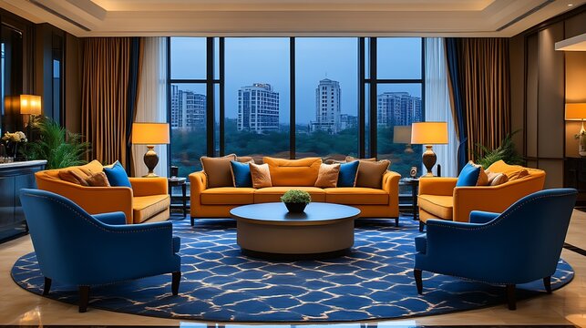 Luxurious hotel suite living room with city view.