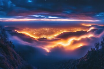 Fototapeta premium Night Cityscape Enveloped in Mystical Fog and Lights