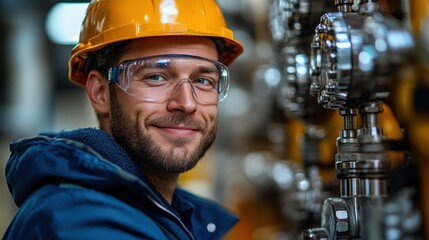 worker wearing a safety helmet and goggles checks equipment in a manufacturing plant. bright environment reflects the busy atmosphere of industrial operations