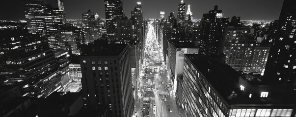 Black and white New York City at night panoramic picture, USA., Generative AI