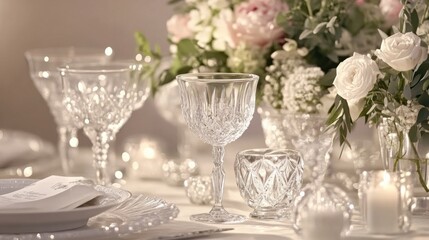 Elegant dinner party setting with crystal glassware, floral centerpieces, and soft candlelight