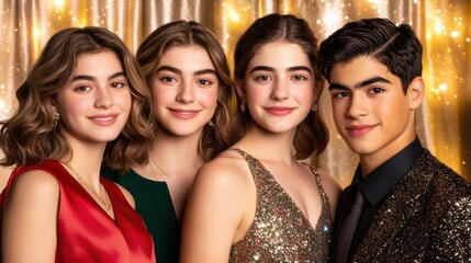 Fototapeta premium Glamorous Group Portrait: Four young adults, two women and two men, dressed in elegant attire, pose for a sophisticated portrait against a shimmering gold backdrop.