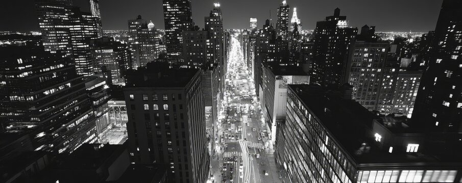 Fototapeta Black and white New York City at night panoramic picture, USA., Generative AI