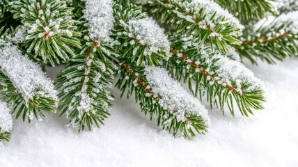 Snow-Covered Fir Branches on White Background