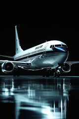 Fototapeta premium Sleek White Airplane on Reflective Surface at Night