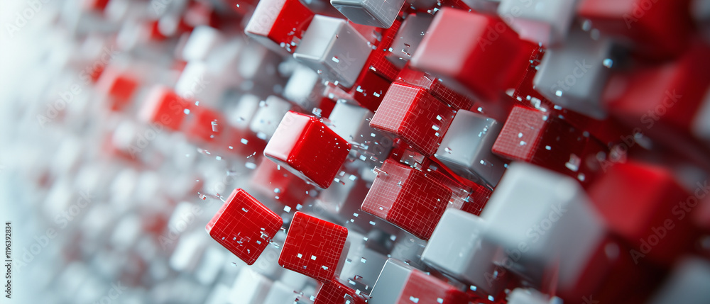 Aufkleber Red and white cubes in dynamic, abstract 3D composition create sense of movement and depth. geometric pattern is visually striking, with futuristic and modern aesthetic