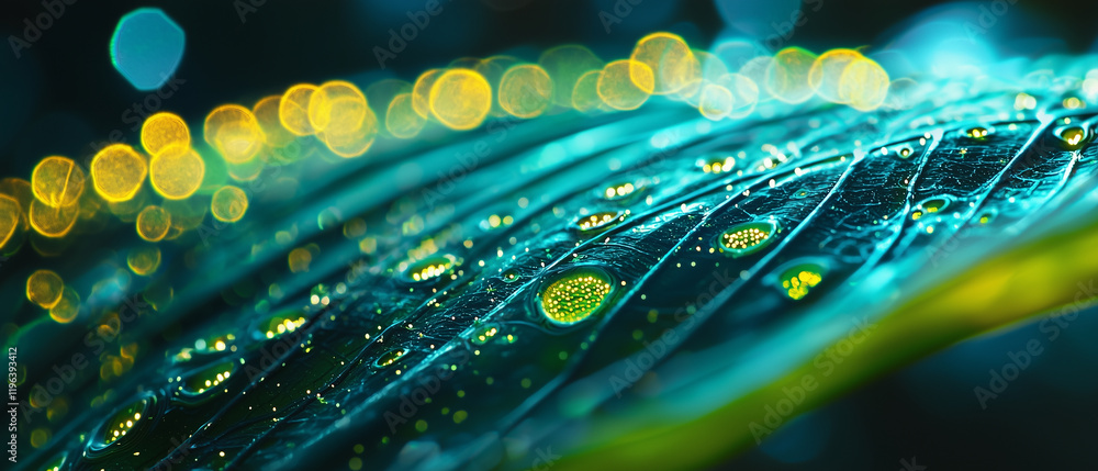 Poster close up of tropical plant leaf with vibrant colors and water droplets, creating mesmerizing bokeh e