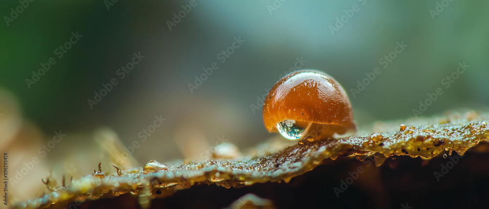 Poster macro shot captures single droplet on edge of leaf, highlighting its reflective surface and intricate details of leaf texture. background is softly blurred, enhancing focus on droplet