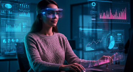 Discover cutting-edge data analysis through augmented reality as a professional woman interacts with sophisticated digital charts and graphs in a dynamic display concept background