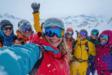 Unforgettable Mountain Adventure: Skiers' Joyful Selfie in Snowy Peaks