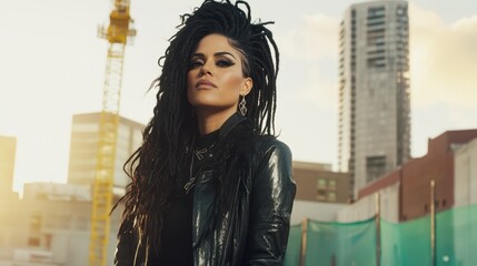 Urban Rebel: A confident and stylish woman with long dreadlocks,  wearing a black leather jacket, exudes an edgy and rebellious spirit against the backdrop of an urban cityscape.