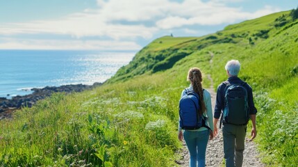Naklejka premium Coastal Hike: A mature couple strolls hand-in-hand along a scenic coastal path, enjoying breathtaking ocean views and verdant hillsides. The image evokes a sense of tranquility and togetherness. 