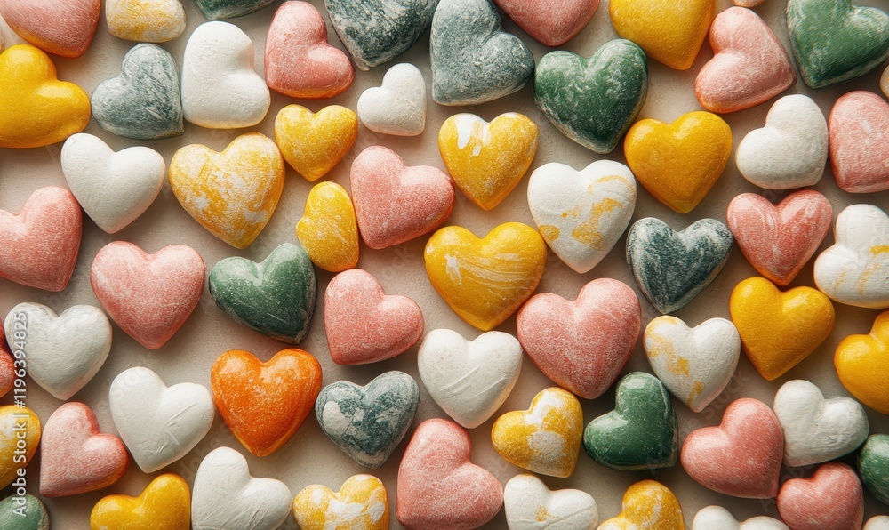 Poster colorful heart-shaped candies spread across a table creating a cheerful and playful atmosphere for c