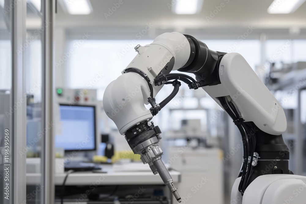 Poster robotic arm operates in advanced industrial setting, showcasing precision and innovation in modern m