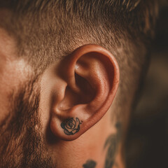  Close-up of man's ear with rose tattoo and beard