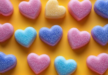 Fototapeta premium Colorful Heart-Shaped Candy on a Bright Yellow Background Perfect for Celebrations, Gifts, and Sweet Treats Ideal for Romantic and Friendship Themes