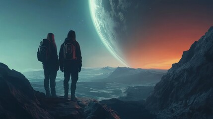 Fototapeta premium Alien Planet Exploration: A Couple's Journey to an Uncharted World