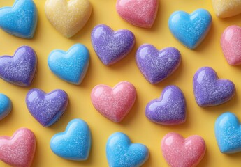 Fototapeta premium Colorful Heart-Shaped Candy on Bright Yellow Background, Perfect for Celebrations, Sweet Treats, and Festive Events, Ideal for Valentine’s Day or Party Themes