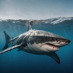 A great white shark illustrated in a cartoon style, with bold outlines, on white.