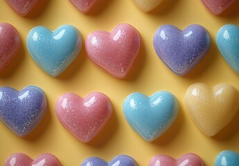 Obraz premium Colorful Heart-Shaped Candy with Sparkle Effects on a Bright Yellow Background for Creative Food and Dessert Inspired Designs