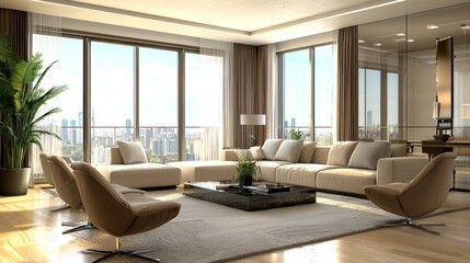 Fototapeta premium A modern interior of a living room with contemporary furniture, bright windows, and a welcoming feel