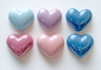 Obraz premium Colorful Heart-Shaped Decorations in Soft Pastel Shades Arranged in a Symmetrical Layout on a Light Background for Romantic or Decorative Themes