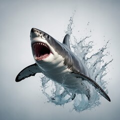 Obraz premium A great white shark breaching with water droplets frozen mid-air, rendered on a white background.