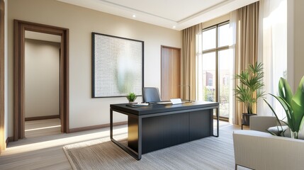 Modern Executive Office Interior: A sleek and contemporary executive office boasts a minimalist aesthetic, featuring a large window overlooking a vibrant cityscape.