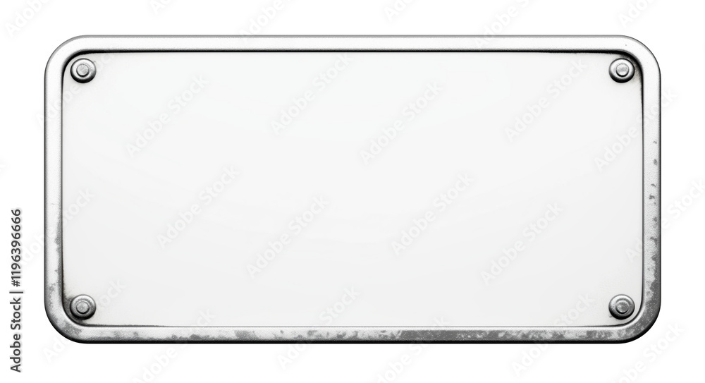 Poster white enamel sign with silver border and four screws is isolated on transparency background, showcas