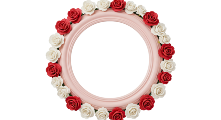 Photo frame with a carved wooden texture painted in pastel pink. Surround the frame with tiny, intricately crafted roses in shades of red and white.