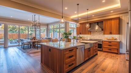 Fototapeta premium A modern kitchen with energy-efficient LED recessed lighting, casting bright, even light across the countertops and dining area.