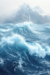 Fototapeta premium Majestic Ocean Waves Crashing Against Snow Capped Mountains