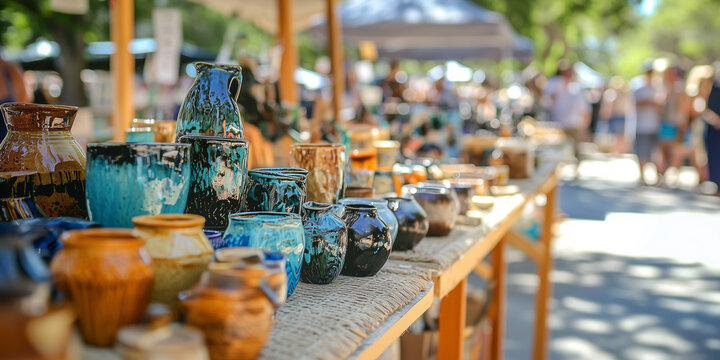 wide angle shot of craft fair booth filled with handmade pottery, showcasing variety of colorful ceramic vases and pots under sunny sky