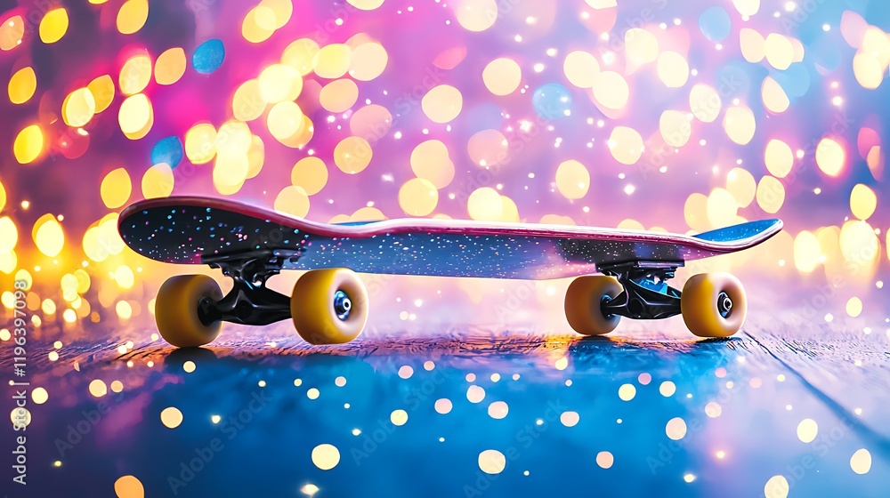 Wall mural Skateboard on floor with colorful bokeh background, ideal for youth/sport themes