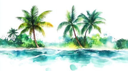 Fototapeta premium A dreamy tropical island watercolor painting featuring vibrant palms and soft rippling waves, isolated on a clean white background