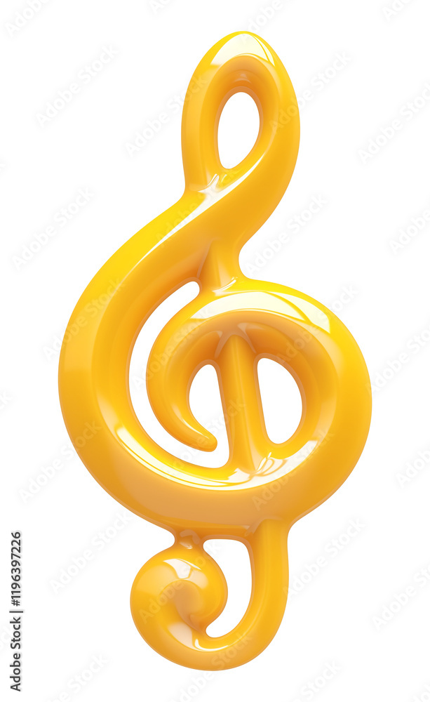 Poster shiny yellow treble clef made of rubber, isolated on transparency background, stands out with its vi