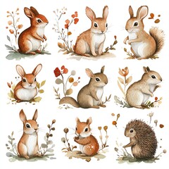 Watercolor woodland animals illustration featuring rabbits, squirrels, and a hedgehog in a delicate botanical setting, perfect for nature-inspired designs.