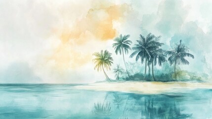 Fototapeta premium A dreamy watercolor tropical island with tall palms, soft golden sands, and calm turquoise waters under a pastel sky, on white