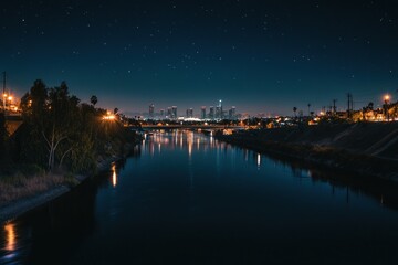 Night Cityscape Reflection over Calm Water