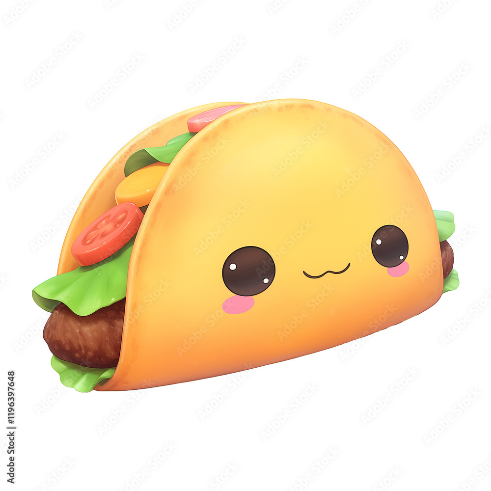 Poster cute 3d cartoon beef taco with smiling face, featuring lettuce, tomato, and cheese, isolated on tran