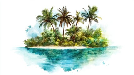 A lush tropical watercolor island with palms leaning toward the sea, surrounded by shimmering turquoise waters, on white