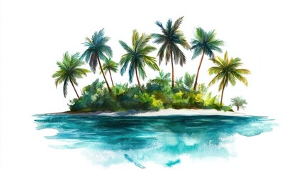 Fototapeta premium A lush tropical watercolor island with palms leaning toward the sea, surrounded by shimmering turquoise waters, on white