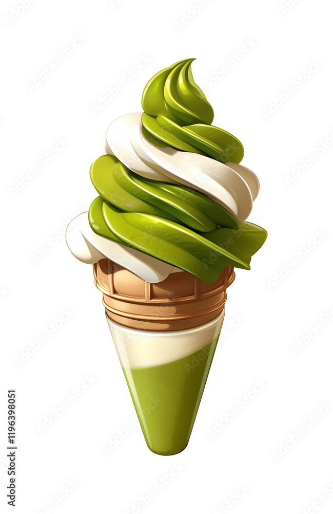 Aufkleber cute 3d cartoon matcha ice cream cone with swirled green and white layers, isolated on transparency 