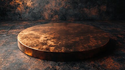 3D podium on a copper background aged with a rich patina and warm earthy tones
