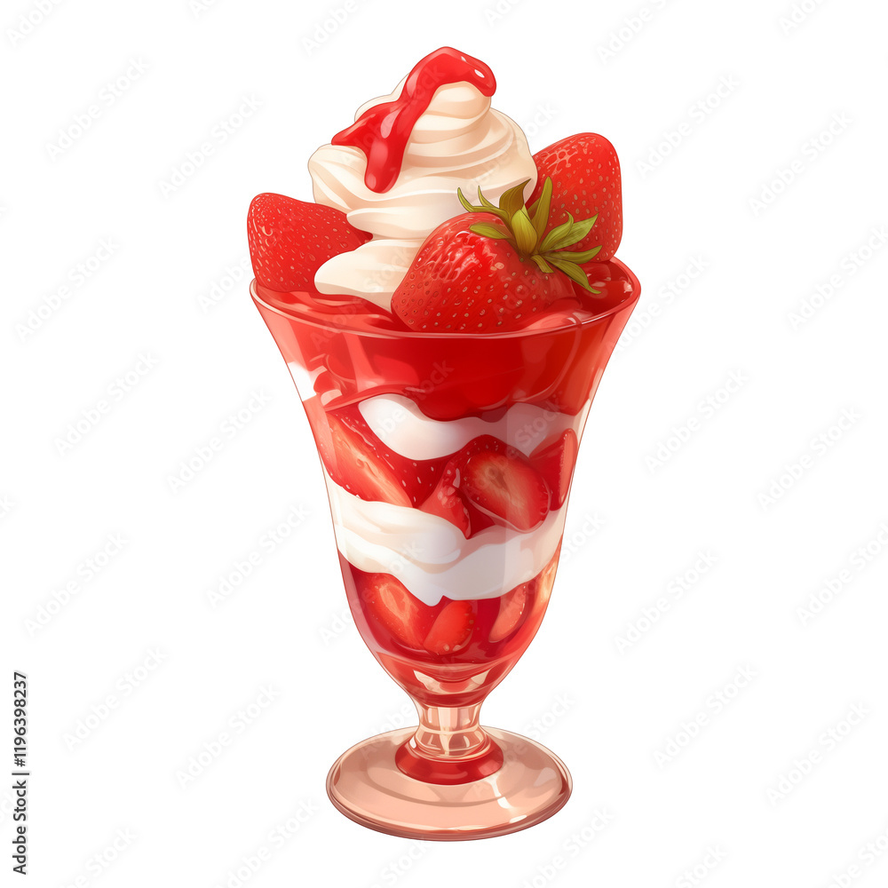 Poster delightful 3d cartoon strawberry parfait with layers of cream and strawberries in glass, isolated on