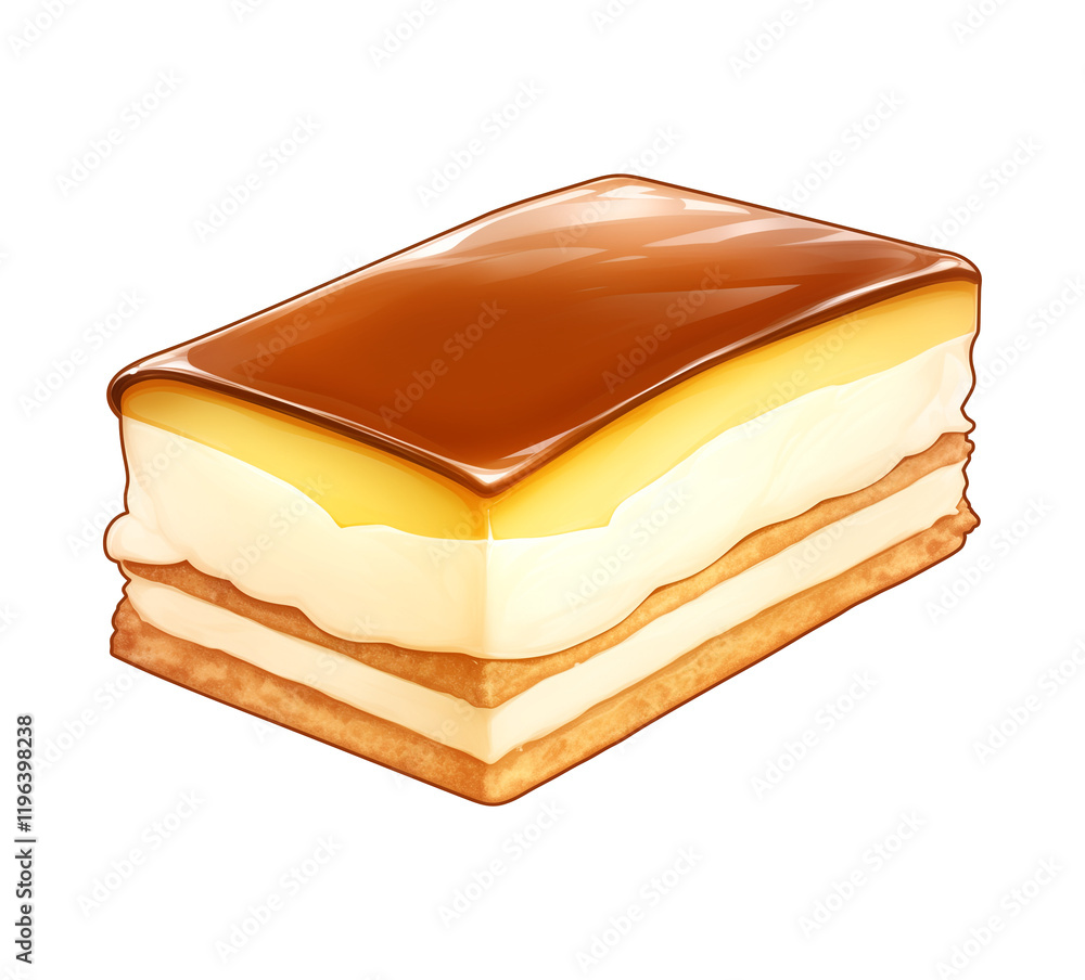 Poster cute 3d cartoon vanilla slice with glossy caramel topping is isolated on transparency background, sh