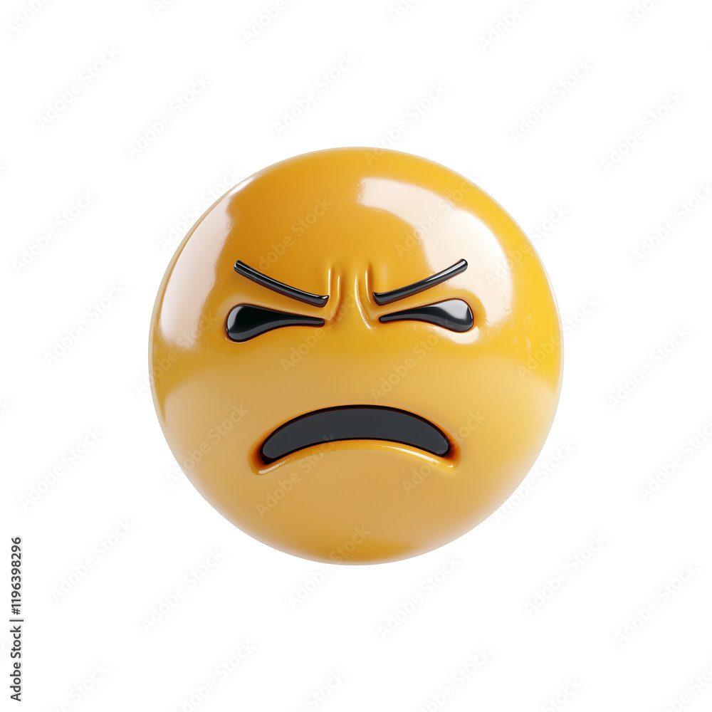 Poster 3D focused angry emoji with sharp expression isolated on transparency background