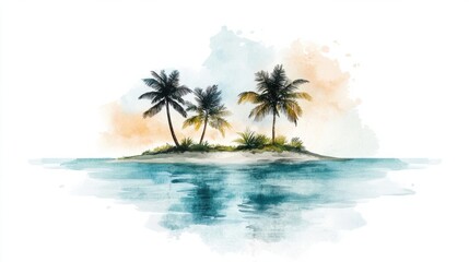 A minimalist watercolor island with a few palms and sandy textures surrounded by soft ocean hues, on white