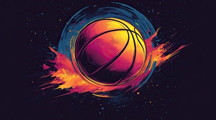 Neon vector graphics on a circular frame on a black background in a retro basketball t-shirt design 
